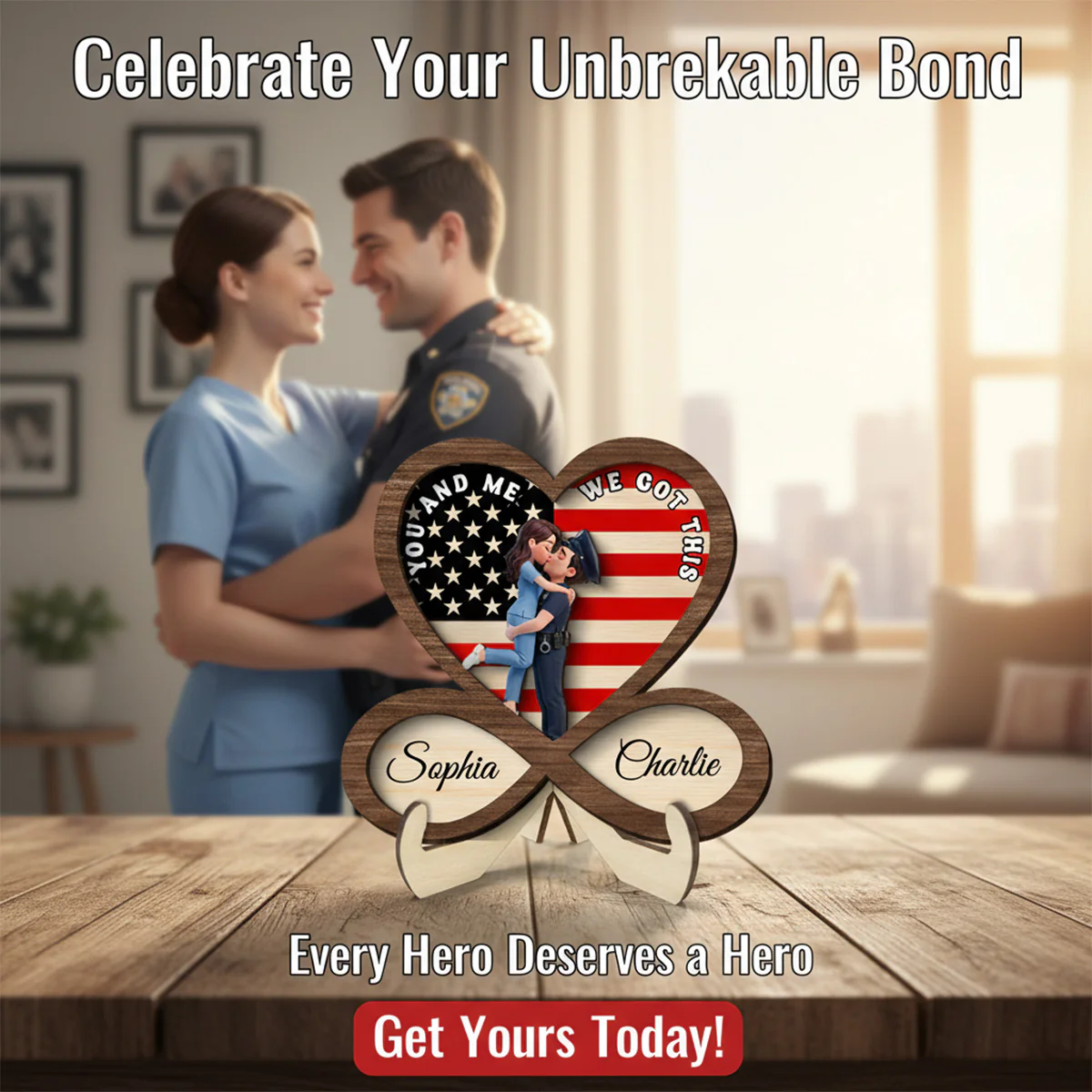 Proud Hero Couple Infinity Nation Flag Heart - Personalized 2-Layered Wooden Plaque - Valentine's Day Gift For Couple, For Him, For Her, Nurse, Police, Firefighter, Army - Image 4