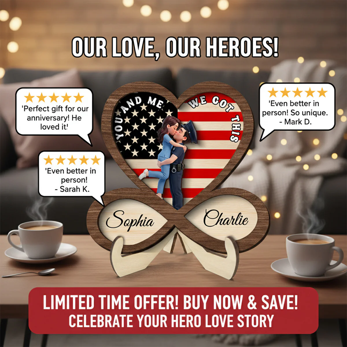 Proud Hero Couple Infinity Nation Flag Heart - Personalized 2-Layered Wooden Plaque - Valentine's Day Gift For Couple, For Him, For Her, Nurse, Police, Firefighter, Army - Image 5