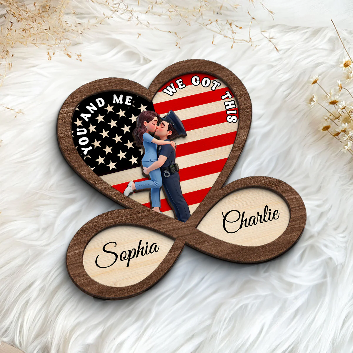 Proud Hero Couple Infinity Nation Flag Heart - Personalized 2-Layered Wooden Plaque - Valentine's Day Gift For Couple, For Him, For Her, Nurse, Police, Firefighter, Army - Image 6