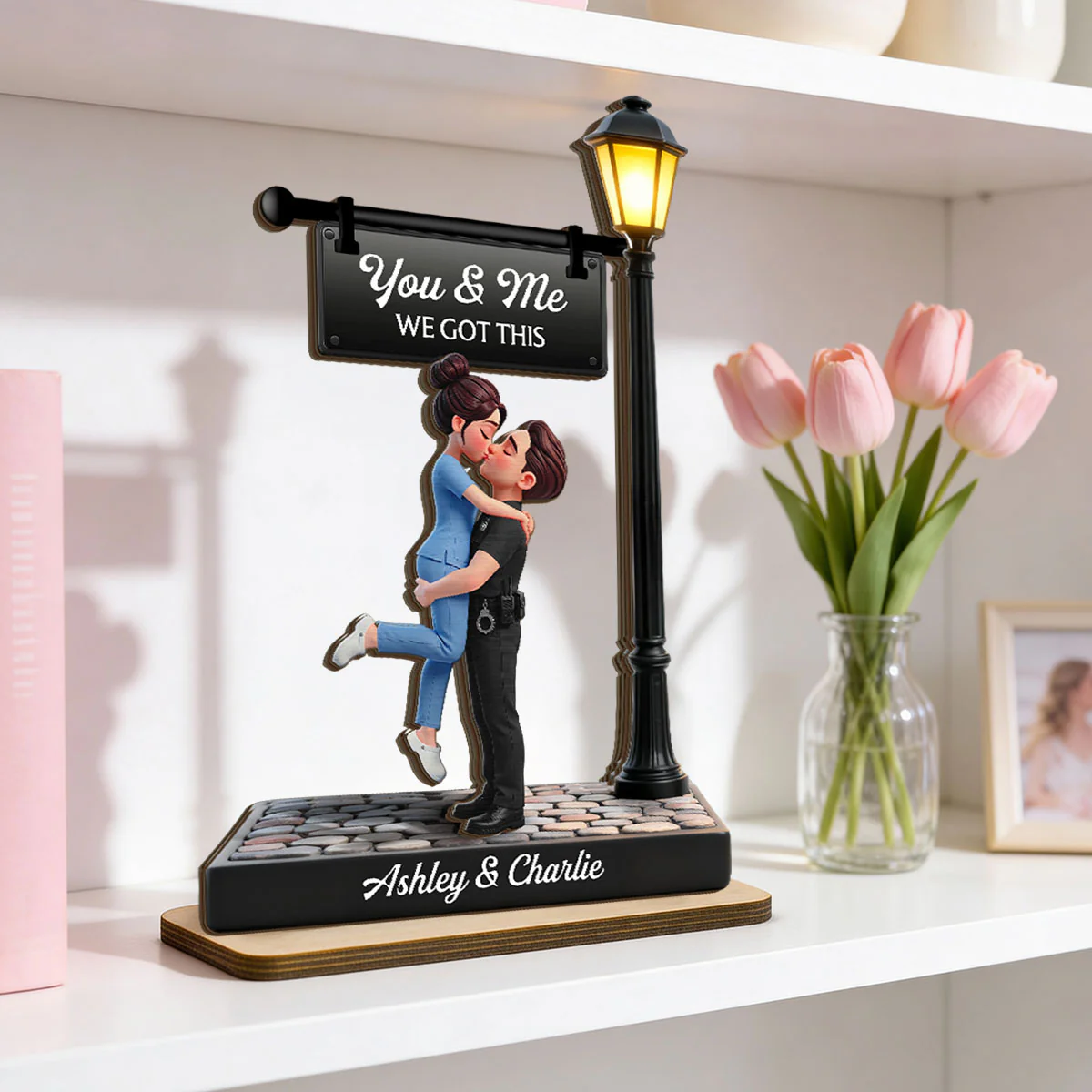 Proud Hero Couple Under Lamp Post - Personalized 2-Layered Wooden Plaque - Valentine's Day Gift For Couple, For Him, For Her, Nurse, Police, Firefighter, Army - Image 6