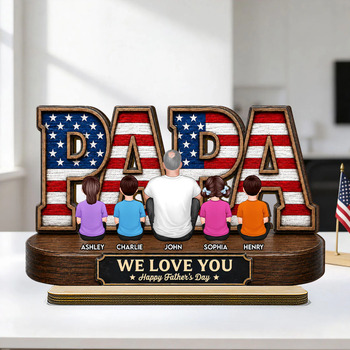 Proud Papa Grandpa Nation Flag Grandpa Dad And Kids - Personalized 2-Layered Wooden Plaque - Gift For Dad, Husband