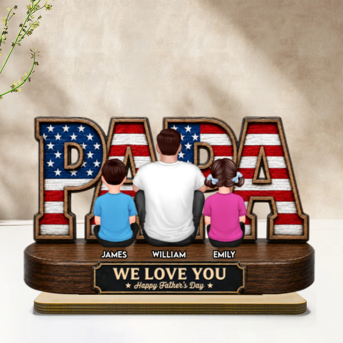 Proud Papa Grandpa Nation Flag Grandpa Dad And Kids - Personalized 2-Layered Wooden Plaque - Gift For Dad, Husband - Image 8