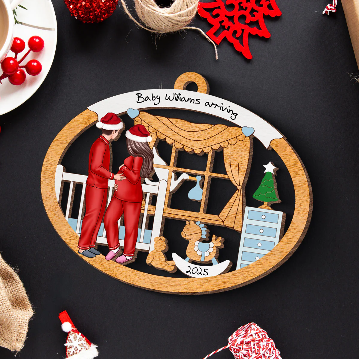 Proud Parents to be, Personalized Expecting Couple Christmas Wooden Ornament - Image 7