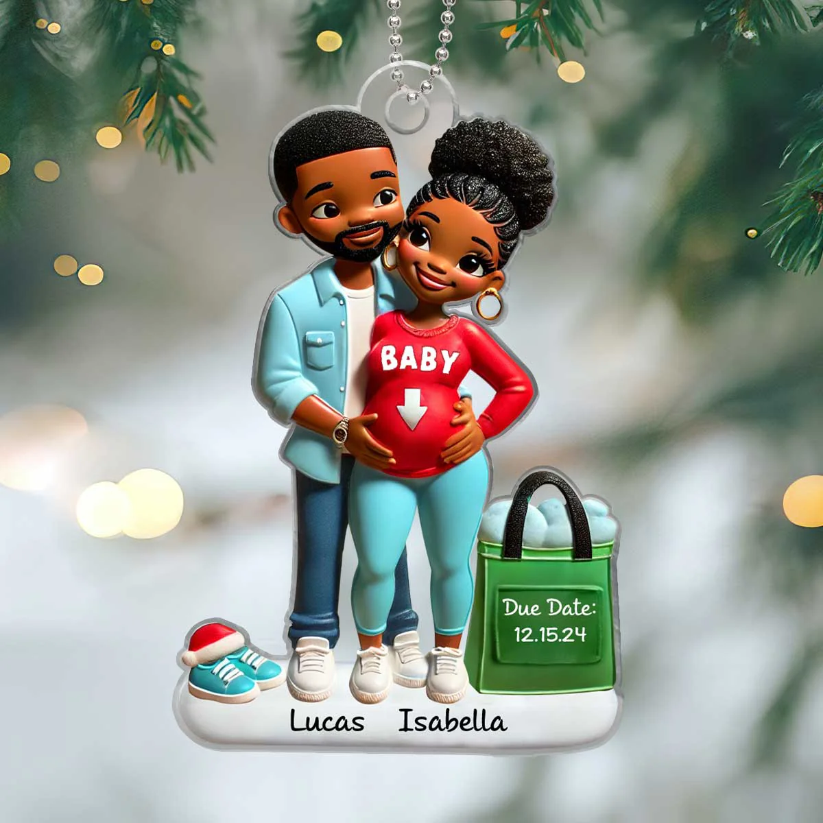 Personalized Baby on the Way Afro Couple Valentine's day Ornament, 3D Effect Ornament, Keepsake for New Parents