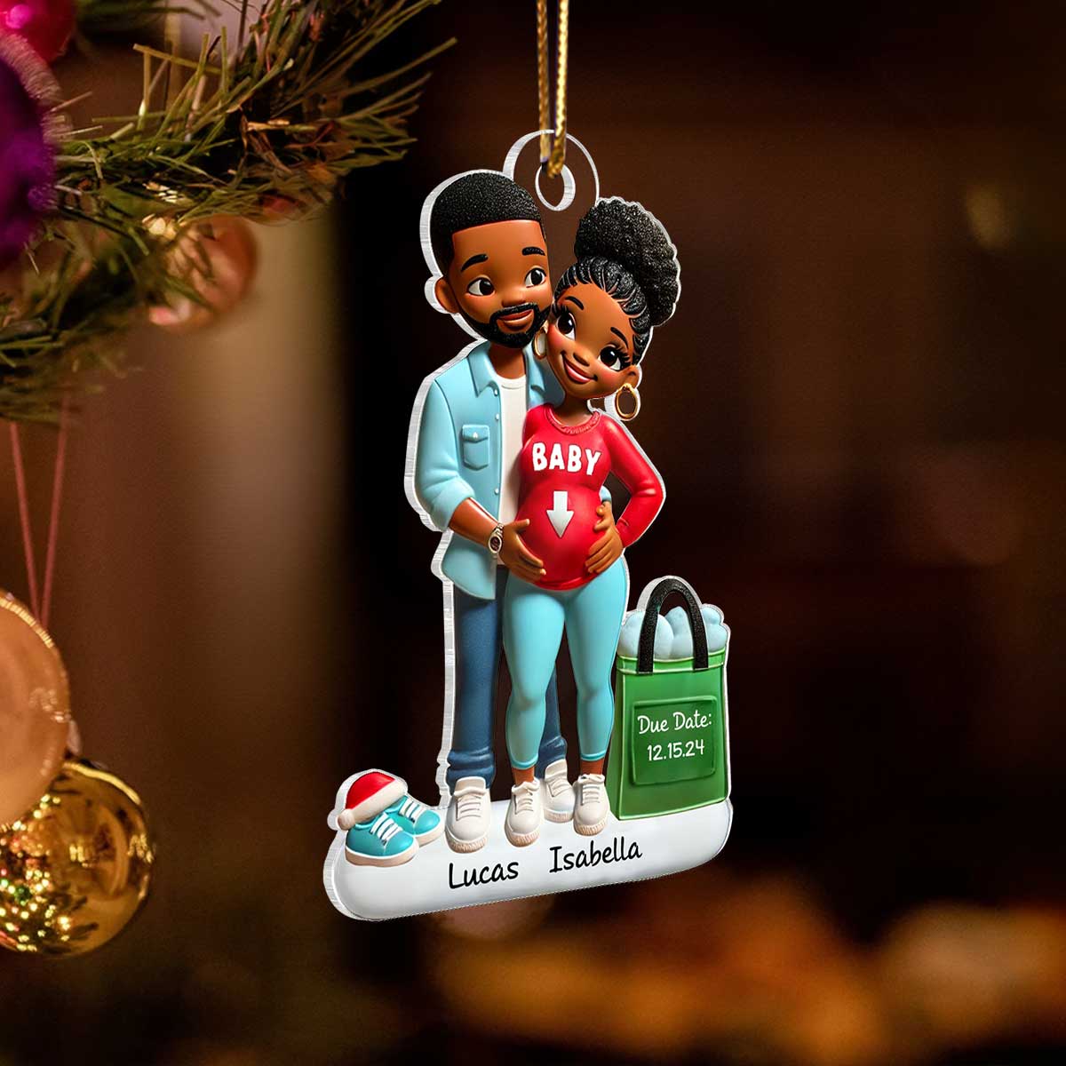Personalized Baby on the Way Afro Couple Valentine's day Ornament, 3D Effect Ornament, Keepsake for New Parents - Image 3