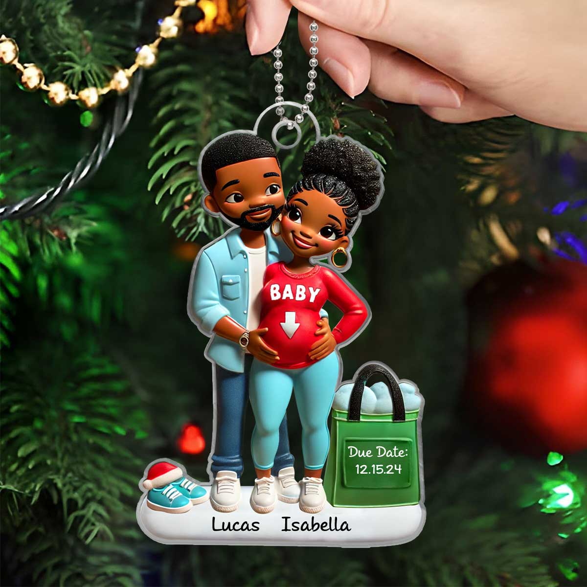 Personalized Baby on the Way Afro Couple Valentine's day Ornament, 3D Effect Ornament, Keepsake for New Parents - Image 4