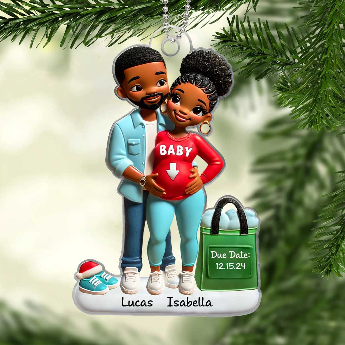 Personalized Baby on the Way Afro Couple Valentine's day Ornament, 3D Effect Ornament, Keepsake for New Parents - Image 5