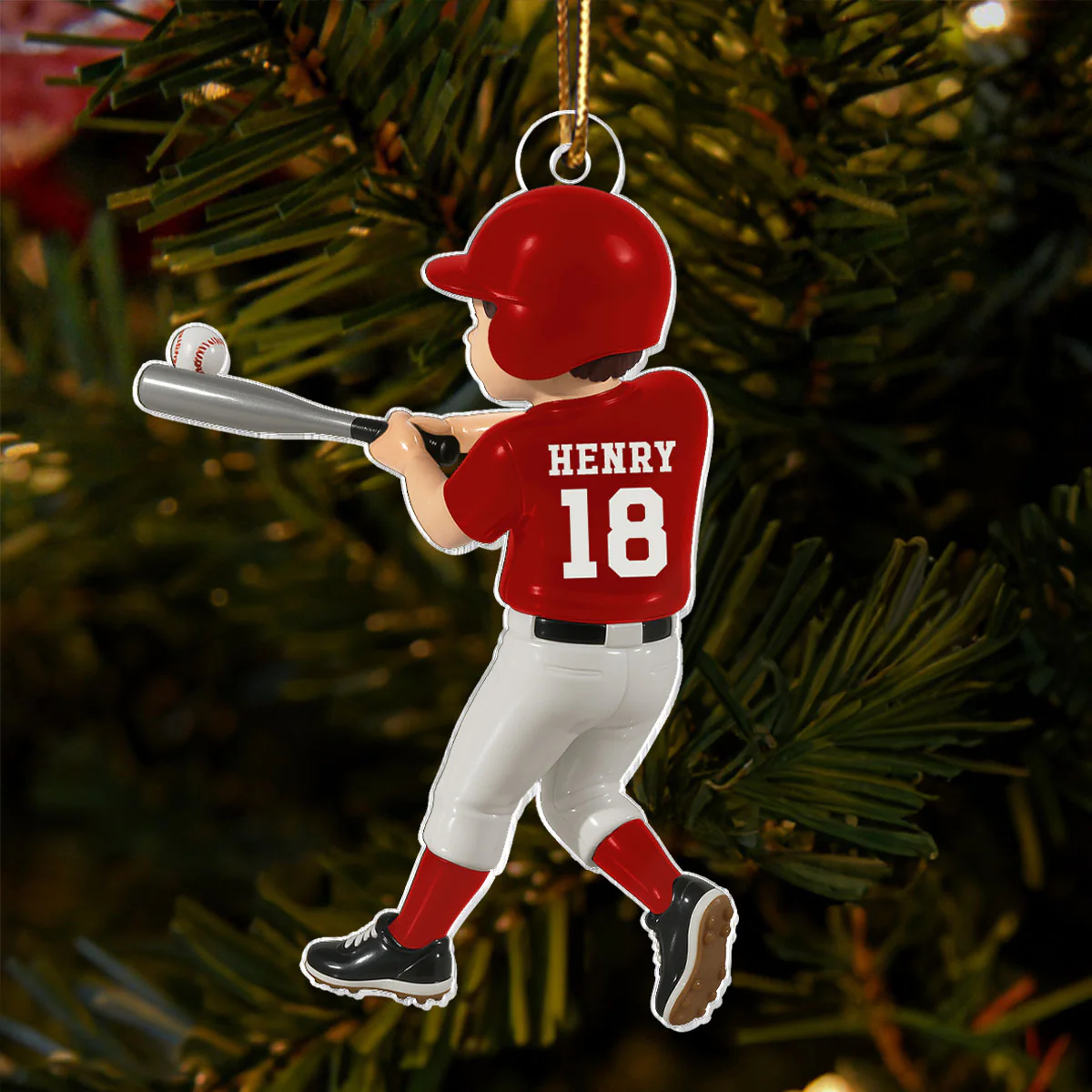 Personalized Baseball Player Ornament – Kid Hitting Ball, 3D Effect Acrylic Flat Ornament