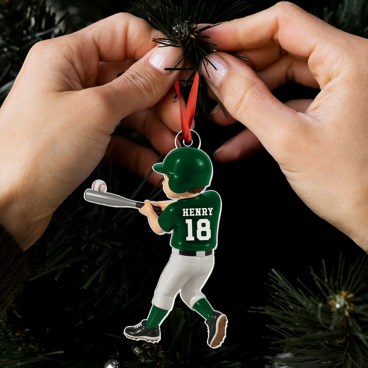 Personalized Baseball Player Ornament – Kid Hitting Ball, 3D Effect Acrylic Flat Ornament - Image 2