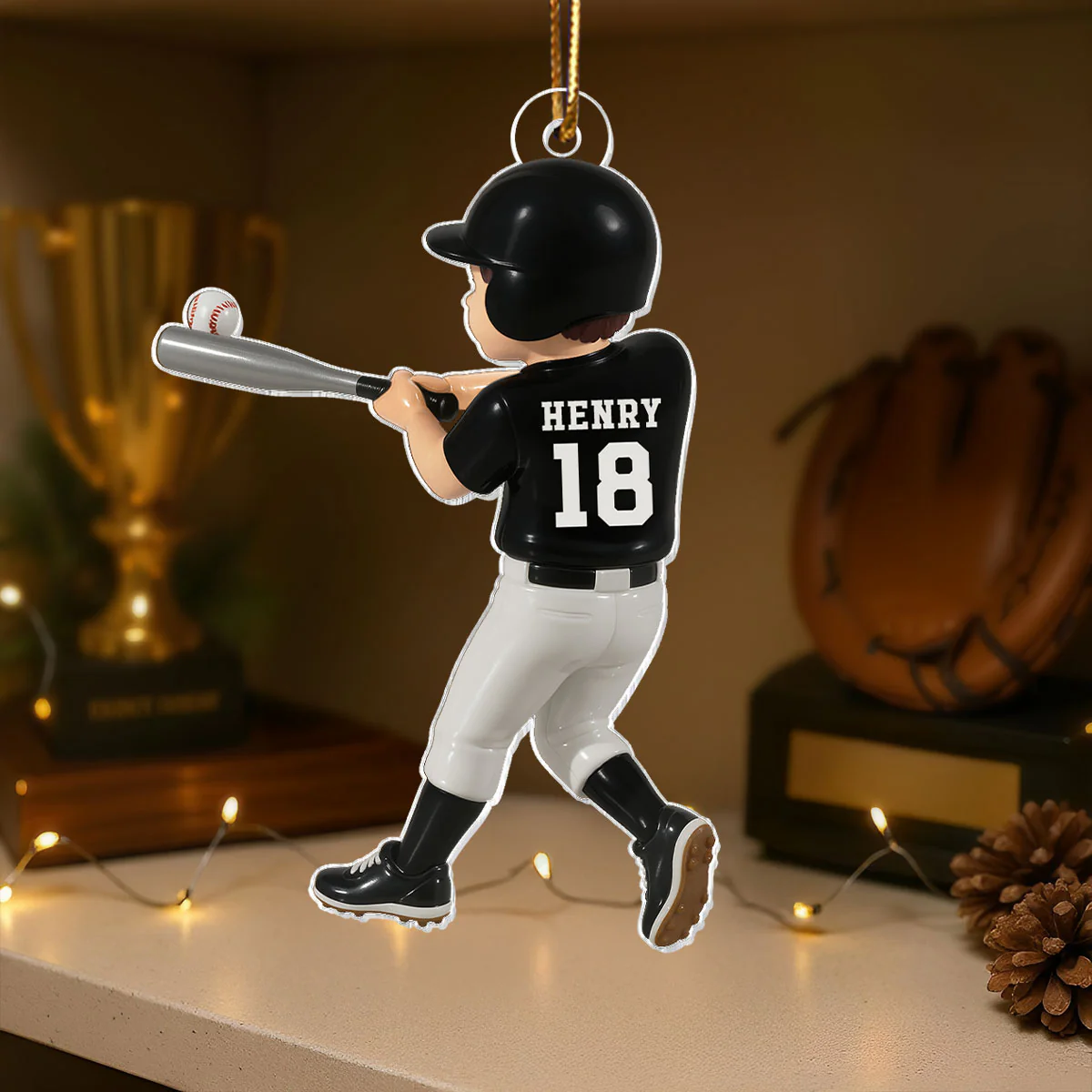 Personalized Baseball Player Ornament – Kid Hitting Ball, 3D Effect Acrylic Flat Ornament - Image 3