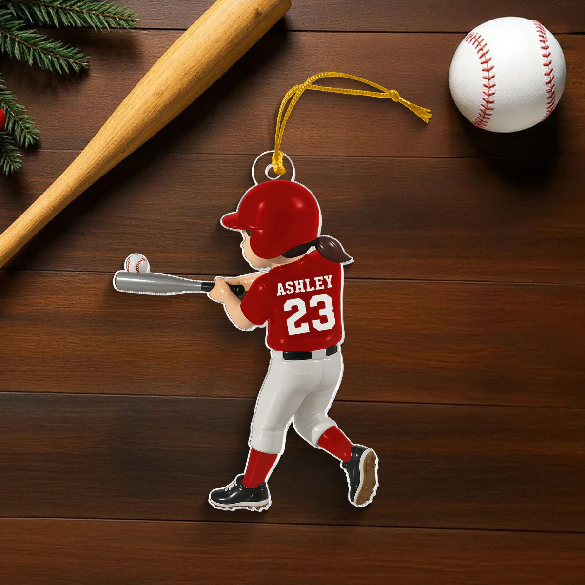 Personalized Baseball Player Ornament – Kid Hitting Ball, 3D Effect Acrylic Flat Ornament - Image 4