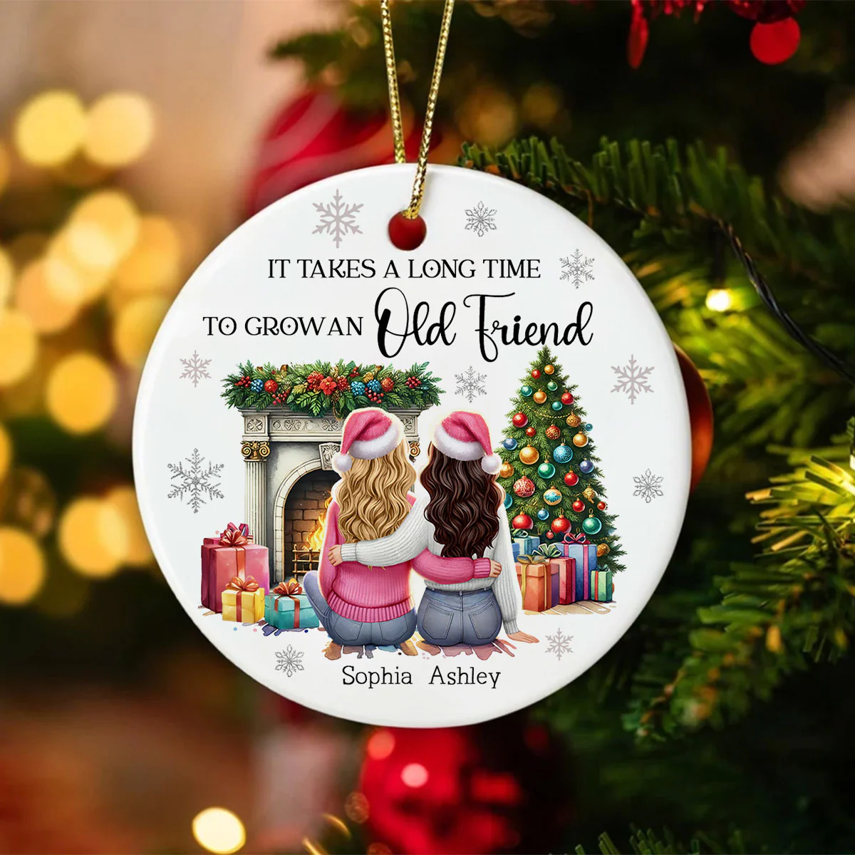 Personalized Best Friends Christmas Ornament – Cozy Holiday Scene by the Fireplace - Image 2