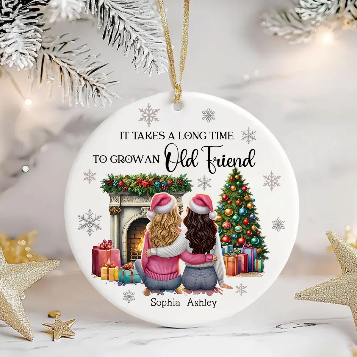 Personalized Best Friends Christmas Ornament – Cozy Holiday Scene by the Fireplace - Image 3