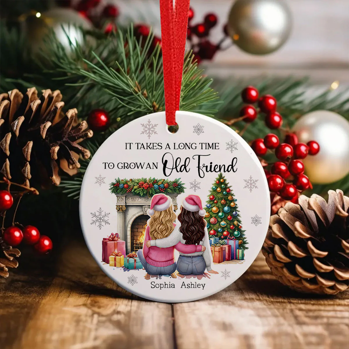 Personalized Best Friends Christmas Ornament – Cozy Holiday Scene by the Fireplace - Image 5