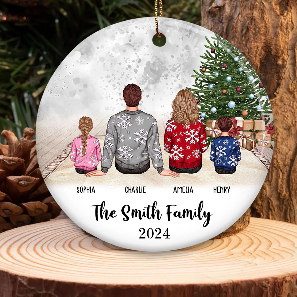 Personalized Big Christmas Family Ornament, Sitting Family Back View, Merry Christmas - Image 5