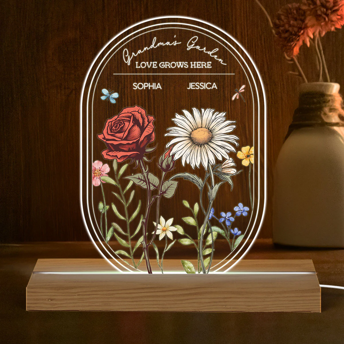 Personalized Birth Month Flowers Grandma's Garden Oval Shaped Acrylic Night Light, Gift for Mom, for Grandma - Image 2