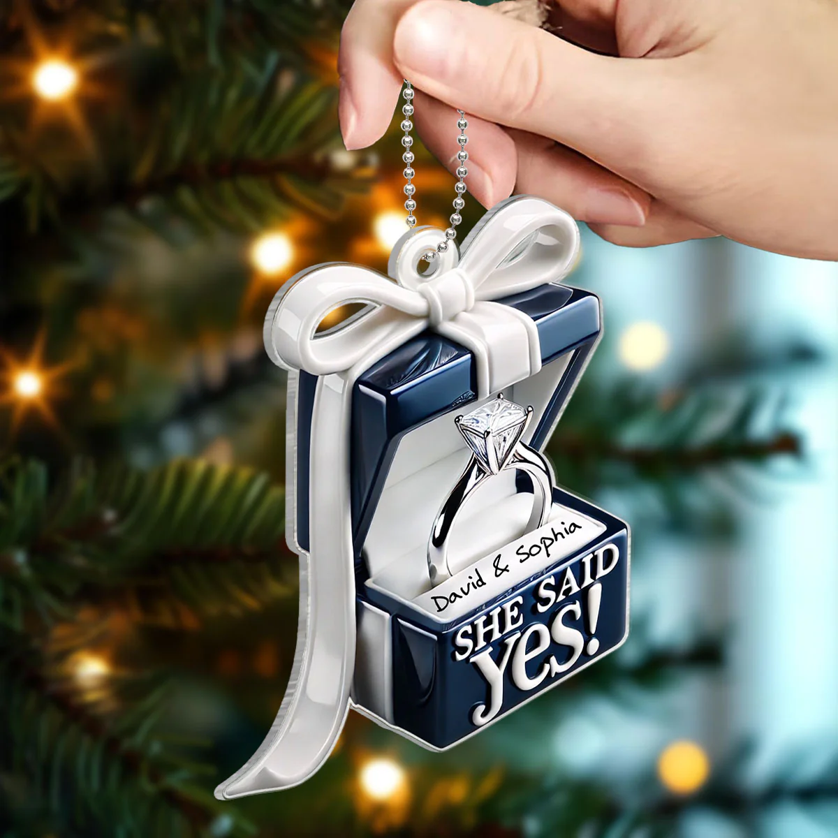 Personalized Blue Engagement Ring Box Personalized 2D Flat Acrylic Ornament, Anniversary Gift for Couple - Image 3