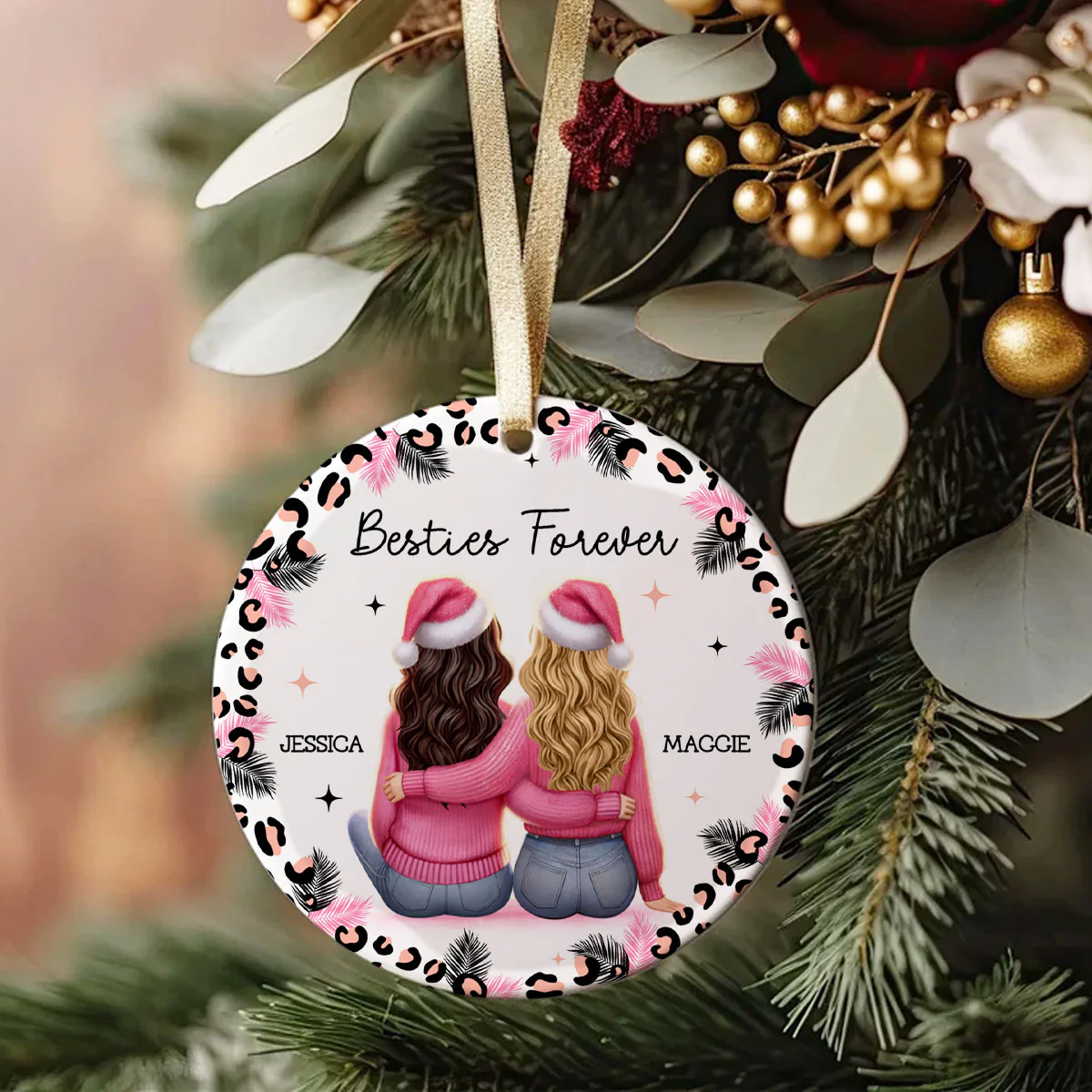 Personalized Christmas Bestie Pink Leopard, Best Friend Ornament, Friendship Ornament - Image 4