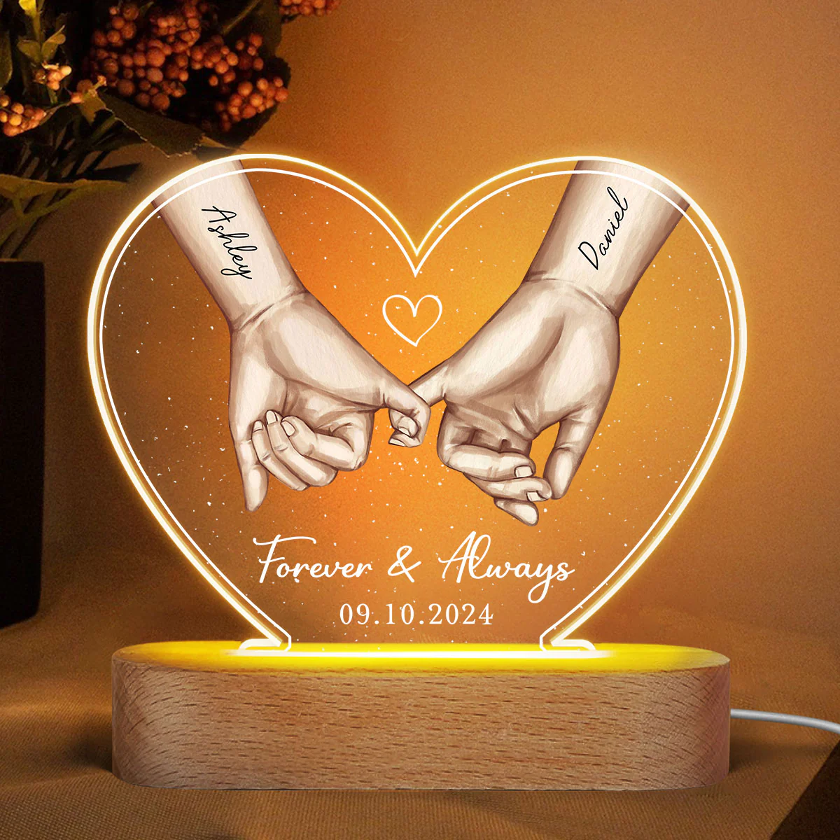 Personalized Couple Hands Pinky Promise Acrylic Heart LED Night Light, gift, Anniversary Gift for Couples