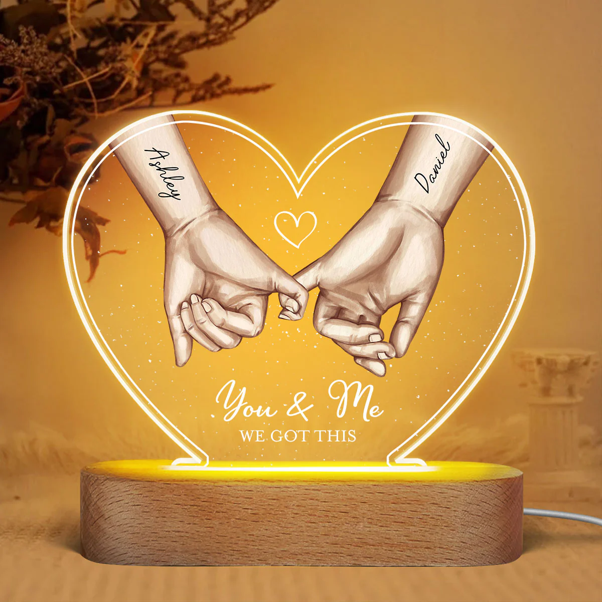 Personalized Couple Hands Pinky Promise Acrylic Heart LED Night Light, gift, Anniversary Gift for Couples - Image 3