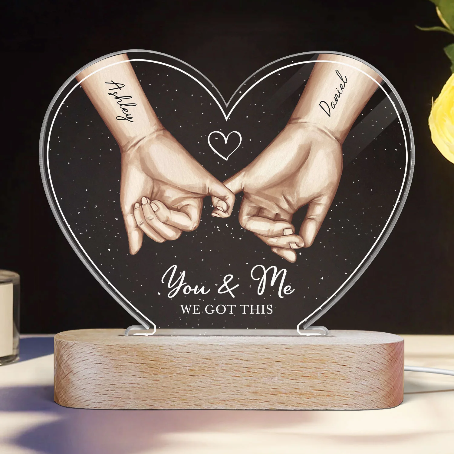 Personalized Couple Hands Pinky Promise Acrylic Heart LED Night Light, gift, Anniversary Gift for Couples - Image 6