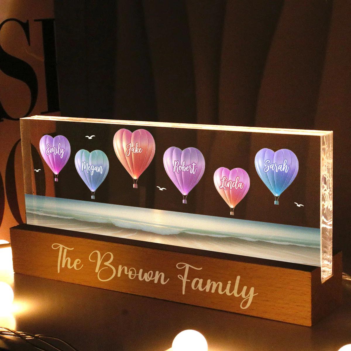 Personalized Family Heart Air Balloons At Beach Acrylic Block LED Night Light, Gift for Family, Dad, Mom, Wife, Husband - Image 2
