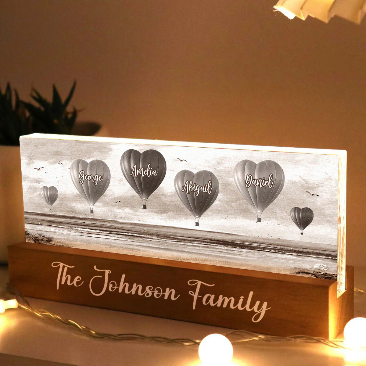 Personalized Family Heart Air Balloons At Beach Acrylic Block LED Night Light, Gift for Family, Dad, Mom, Wife, Husband - Image 3
