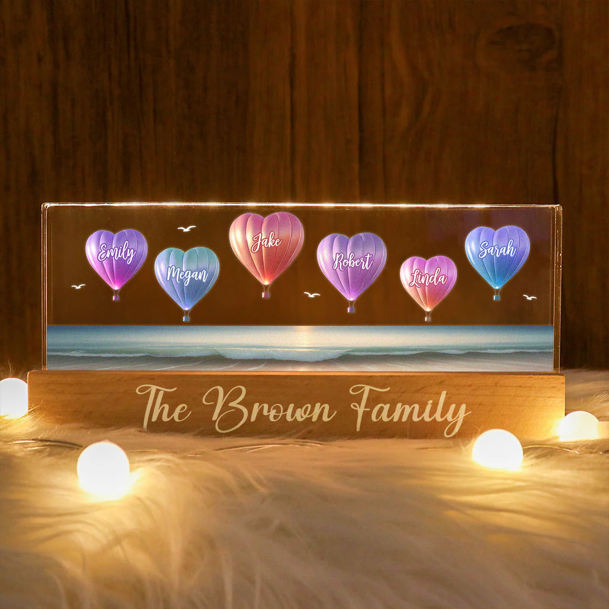 Personalized Family Heart Air Balloons At Beach Acrylic Block LED Night Light, Gift for Family, Dad, Mom, Wife, Husband - Image 4