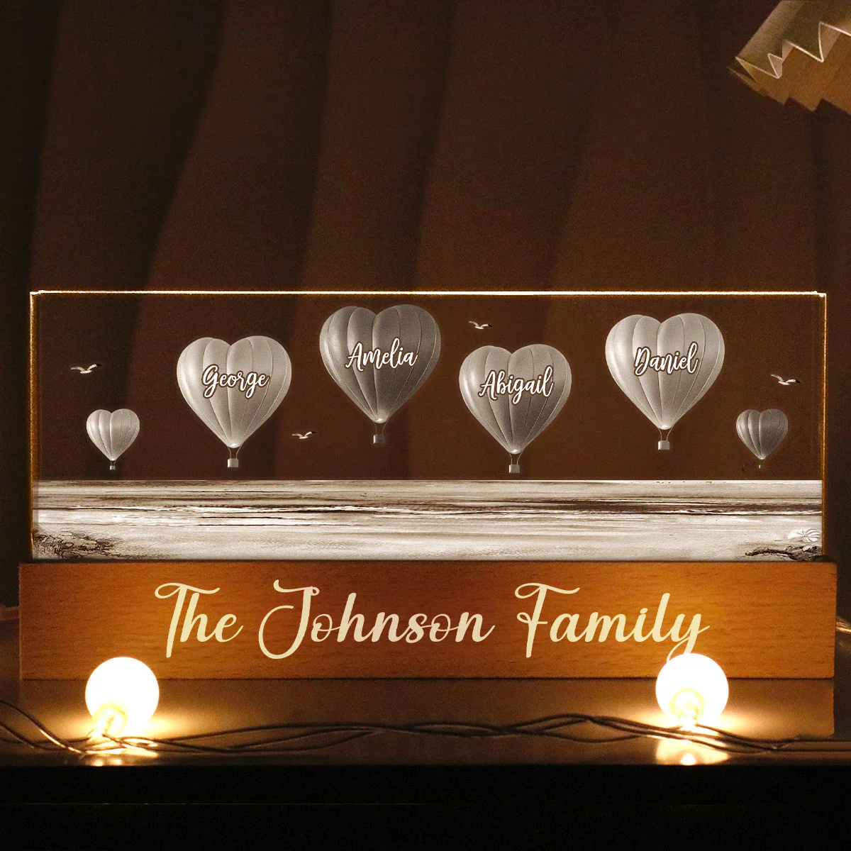 Personalized Family Heart Air Balloons At Beach Acrylic Block LED Night Light, Gift for Family, Dad, Mom, Wife, Husband - Image 5