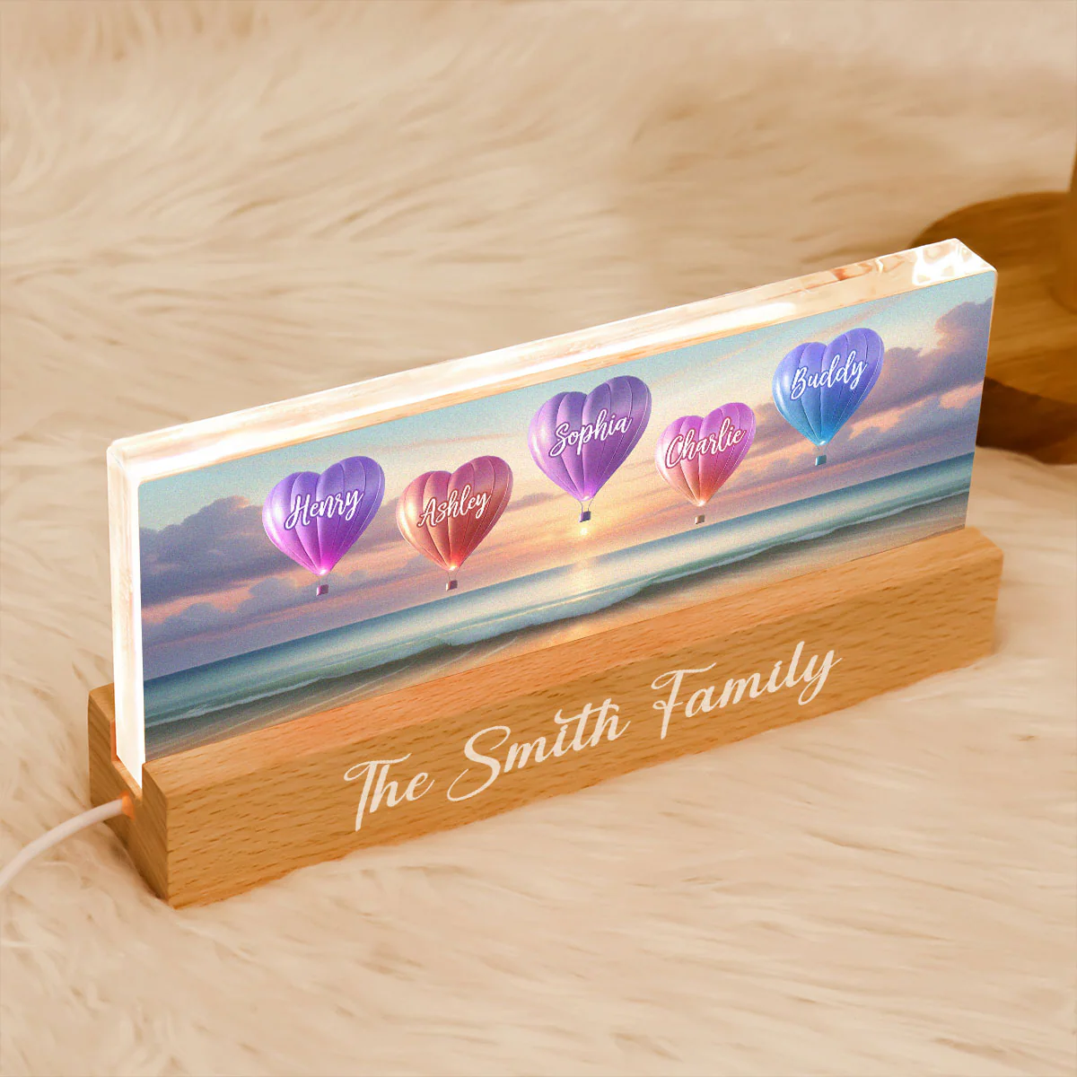 Personalized Family Heart Air Balloons At Beach Acrylic Block LED Night Light, Gift for Family, Dad, Mom, Wife, Husband - Image 7