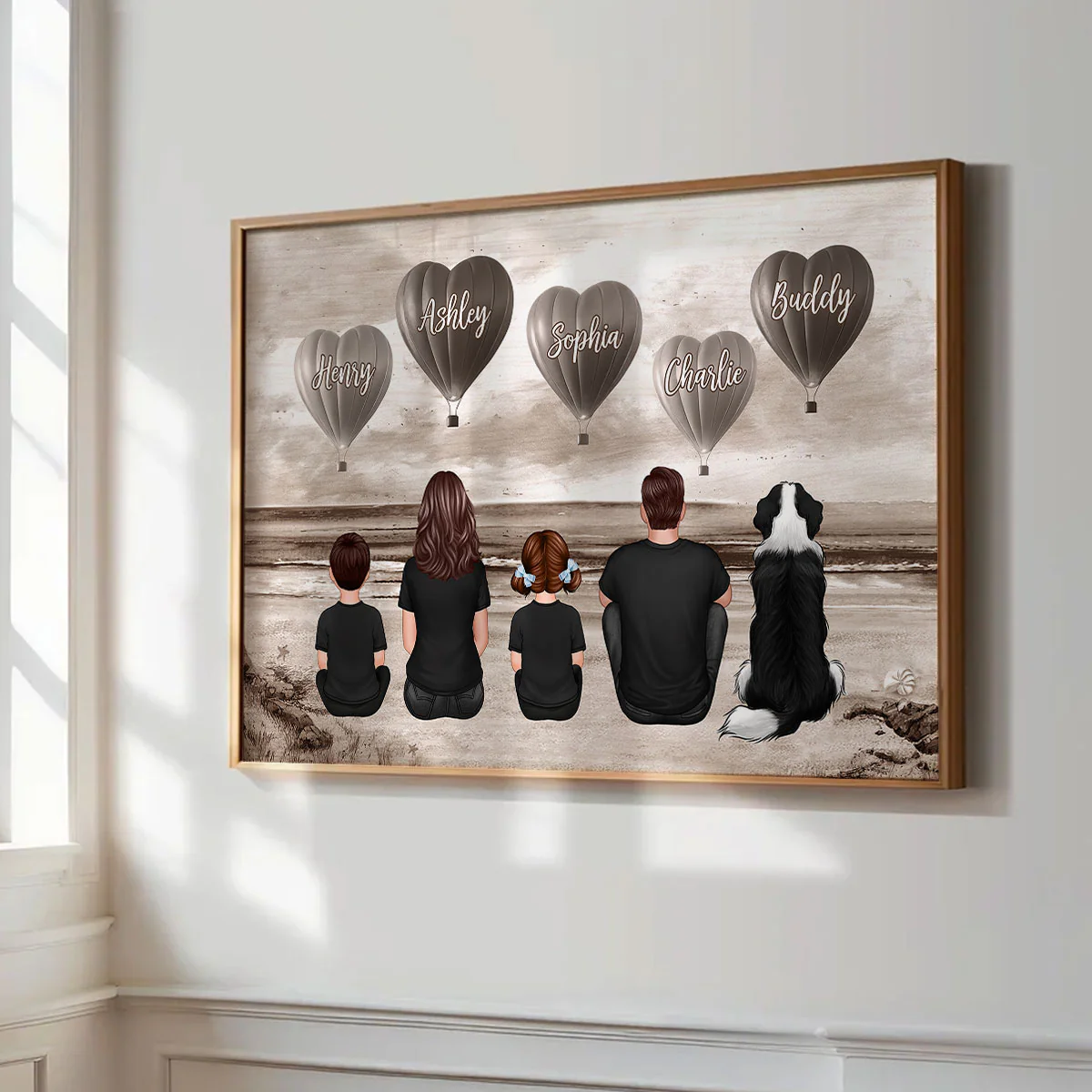 Personalized Family Sitting Back View Heart Air Balloons At Beach Poster, Gift for Family, Dad, Mom, Wife, Husband - Image 4