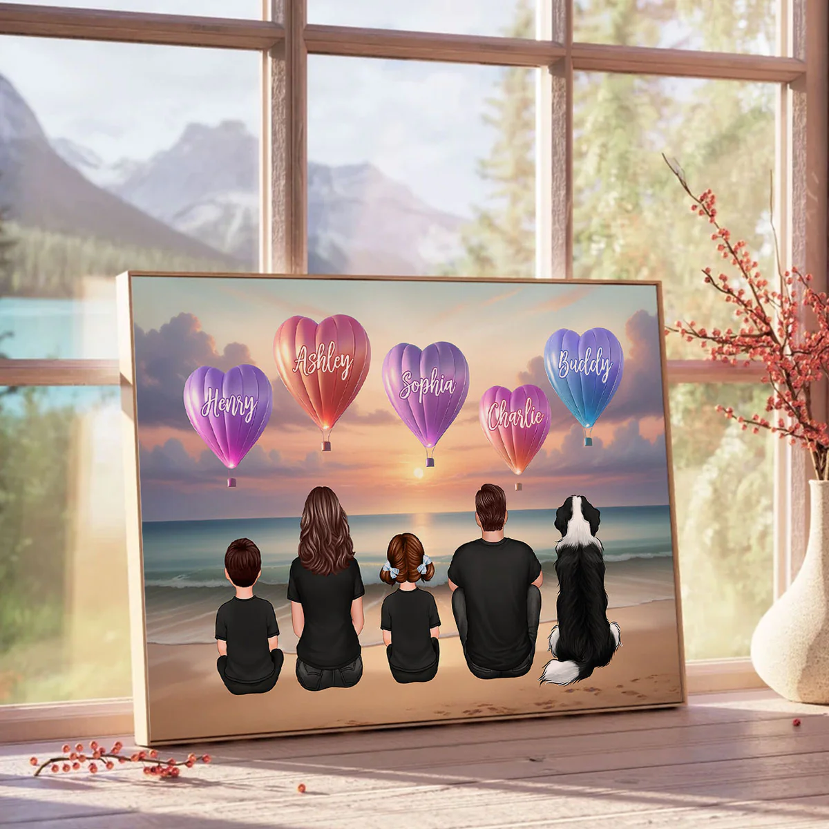 Personalized Family Sitting Back View Heart Air Balloons At Beach Poster, Gift for Family, Dad, Mom, Wife, Husband - Image 5