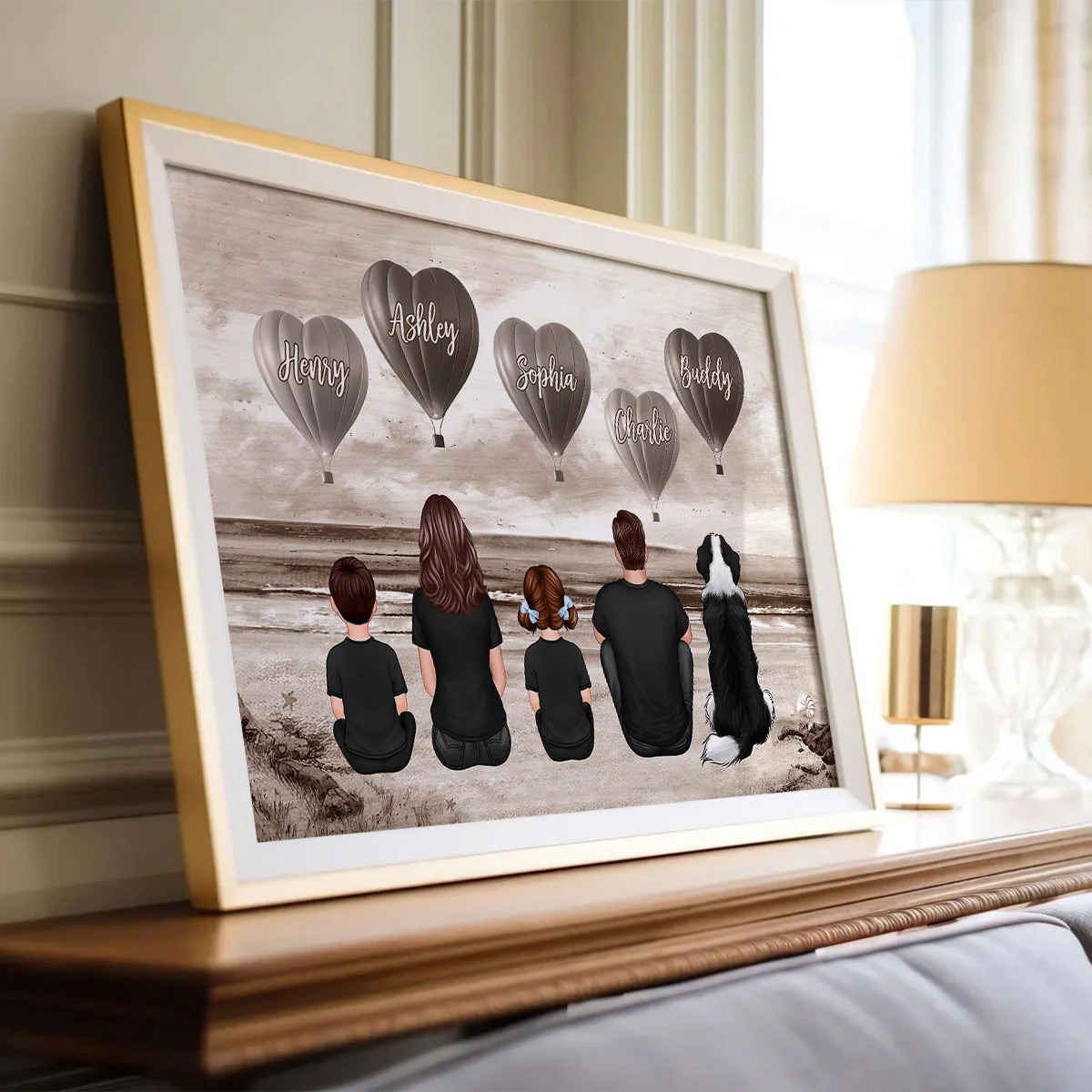 Personalized Family Sitting Back View Heart Air Balloons At Beach Poster, Gift for Family, Dad, Mom, Wife, Husband - Image 6