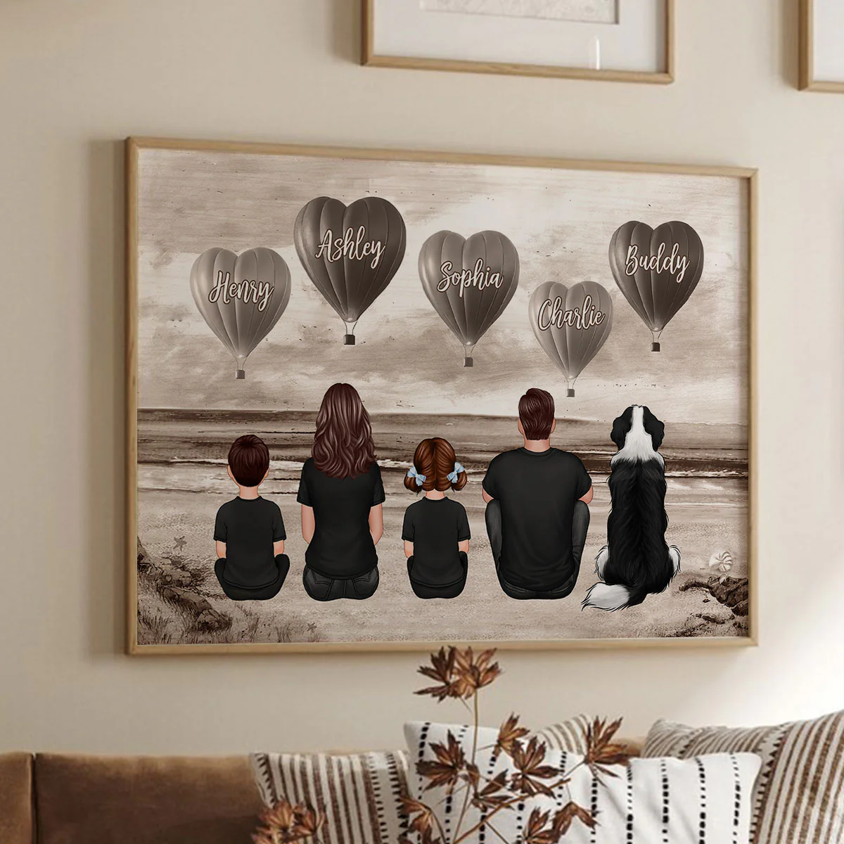 Personalized Family Sitting Back View Heart Air Balloons At Beach Poster, Gift for Family, Dad, Mom, Wife, Husband - Image 7