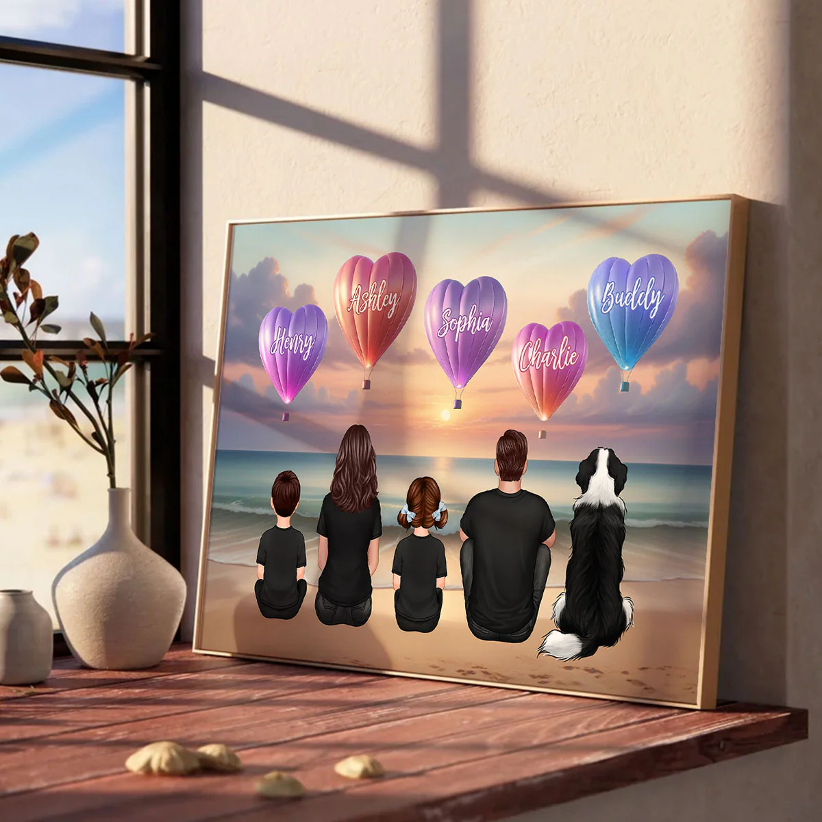 Personalized Family Sitting Back View Heart Air Balloons At Beach Poster, Gift for Family, Dad, Mom, Wife, Husband - Image 8