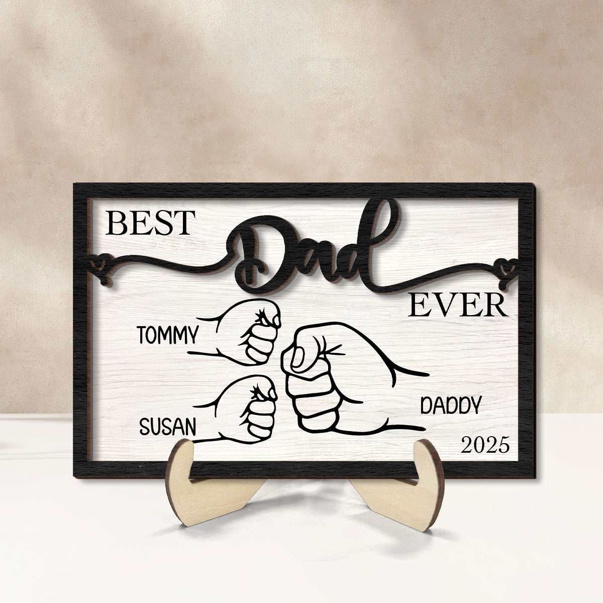 Personalized Gift, Fist Bump Dad and Kids 2-Layer Wooden Plaque