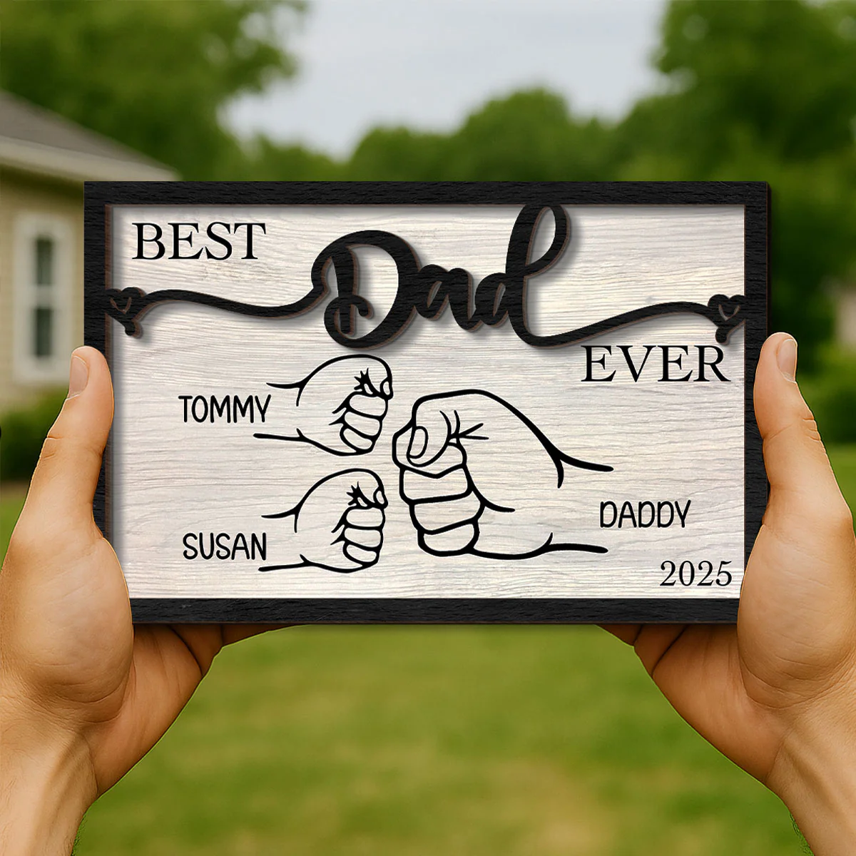 Personalized Gift, Fist Bump Dad and Kids 2-Layer Wooden Plaque - Image 5