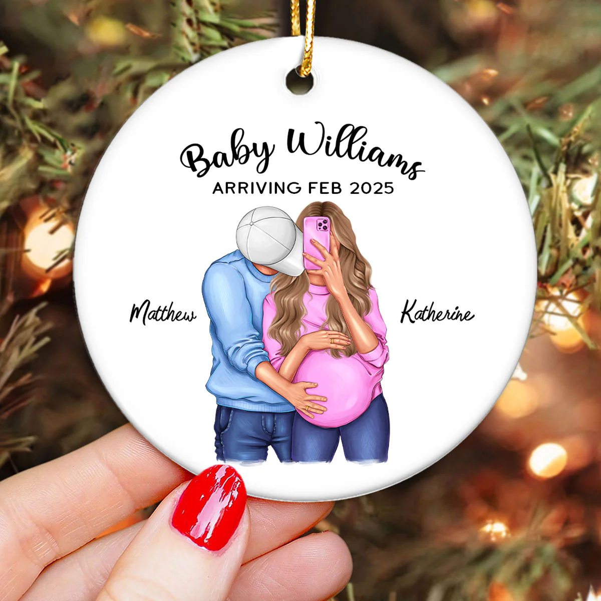 Personalized Hugging Pregnant Couple Ornament, Expecting Family, Baby Coming Soon, Pregnancy Announcement Personalized Ornament - Image 3