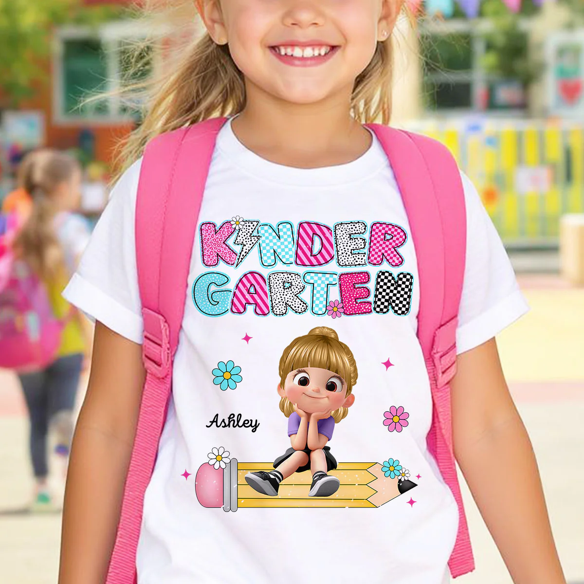Personalized Kindergarten Tshirt for Girls, Colorful Pencil Pattern Custom Kids Name, Back To School Shirt Toddler, First Day School Outfit - Image 2