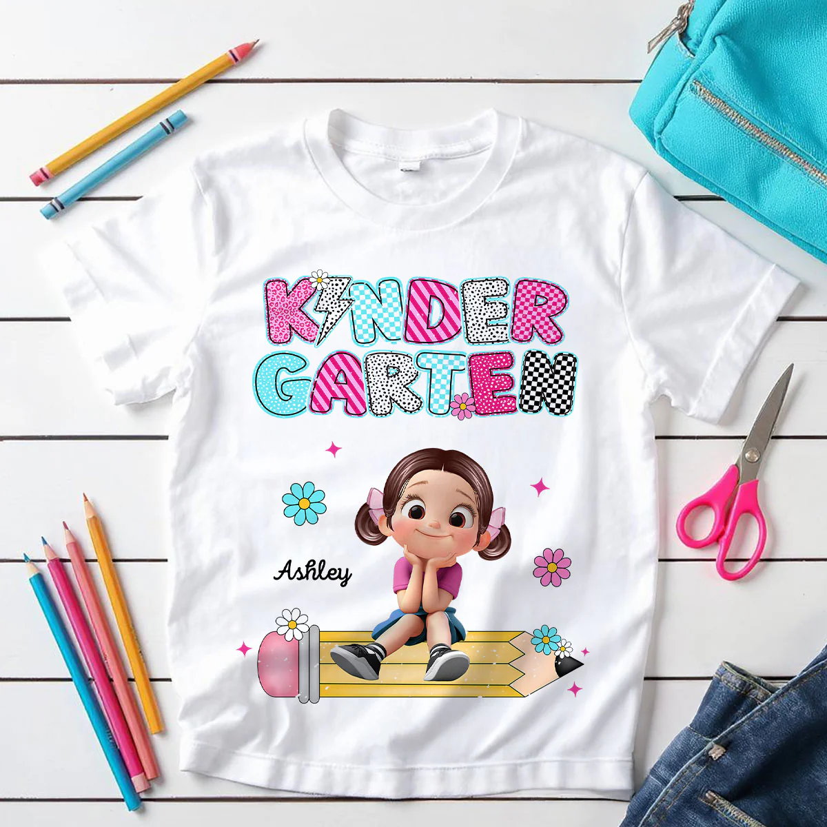 Personalized Kindergarten Tshirt for Girls, Colorful Pencil Pattern Custom Kids Name, Back To School Shirt Toddler, First Day School Outfit - Image 4