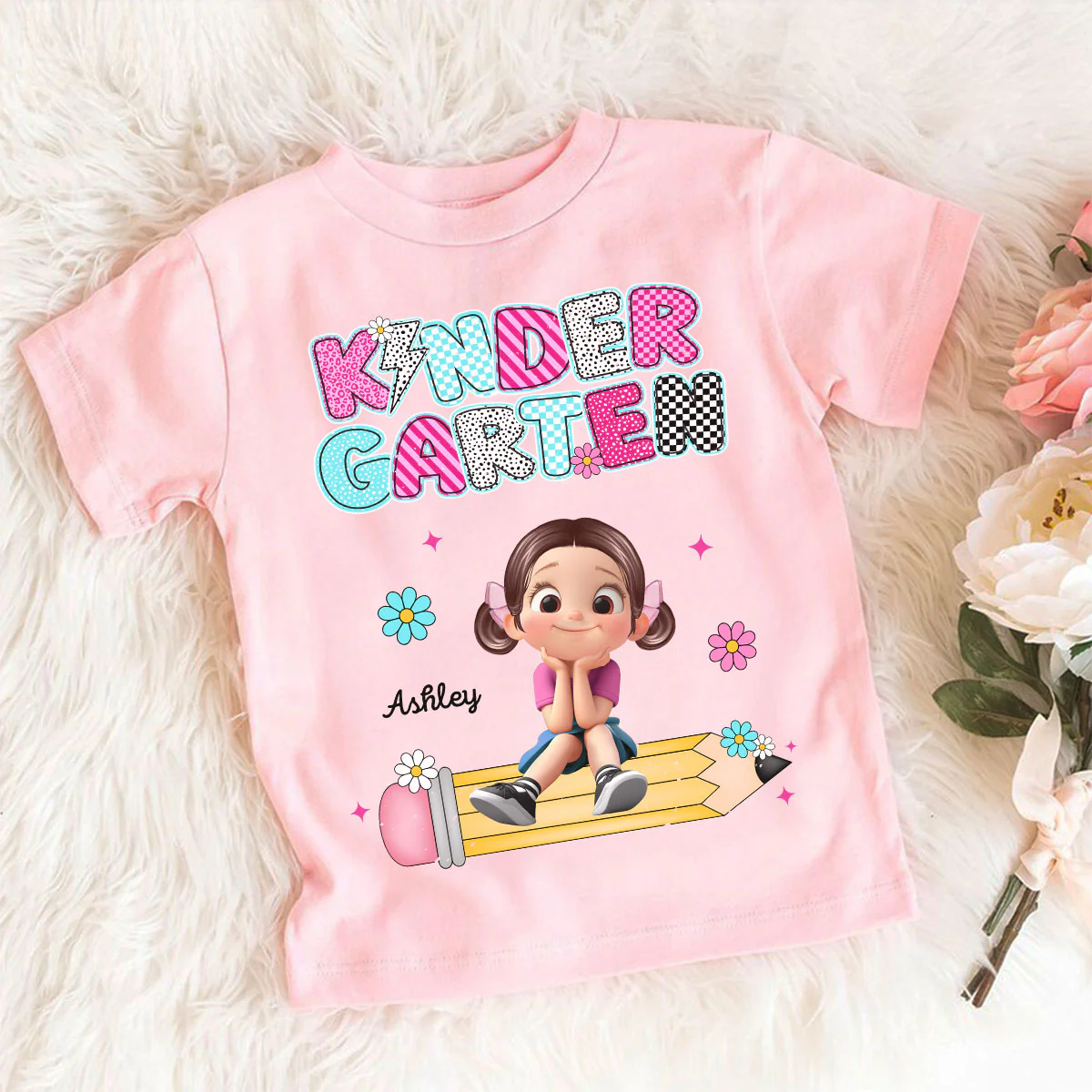 Personalized Kindergarten Tshirt for Girls, Colorful Pencil Pattern Custom Kids Name, Back To School Shirt Toddler, First Day School Outfit - Image 5