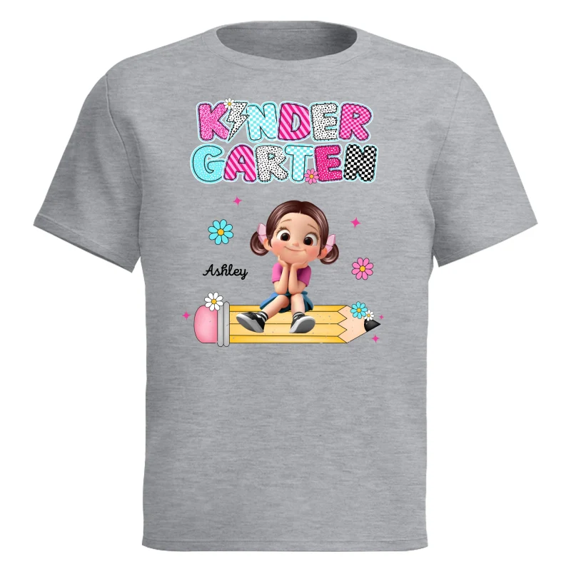 Personalized Kindergarten Tshirt for Girls, Colorful Pencil Pattern Custom Kids Name, Back To School Shirt Toddler, First Day School Outfit - Image 9