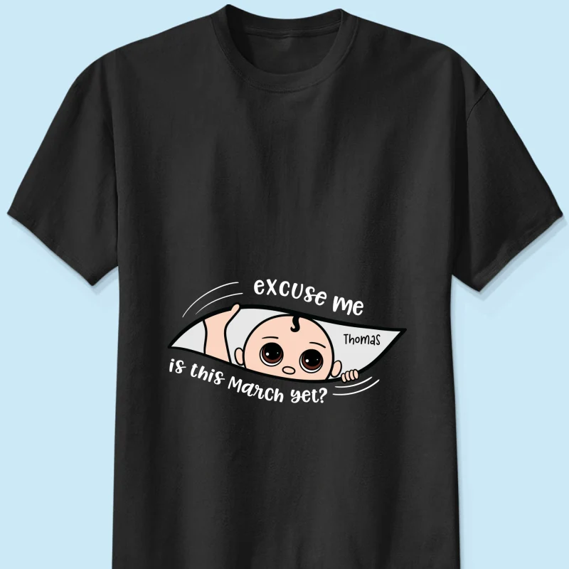 Personalized Maternity Dark Shirt, Excuse Me Is It Yet, Pregnancy Announcement, Expecting Parents - Image 11