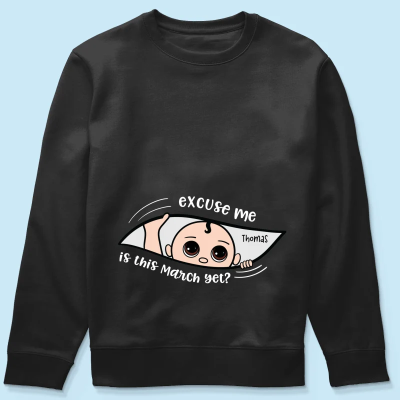 Personalized Maternity Dark Shirt, Excuse Me Is It Yet, Pregnancy Announcement, Expecting Parents - Image 15
