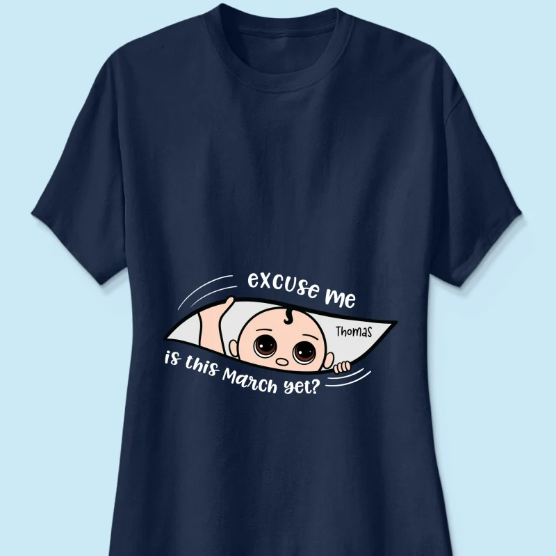 Personalized Maternity Dark Shirt, Excuse Me Is It Yet, Pregnancy Announcement, Expecting Parents - Image 23