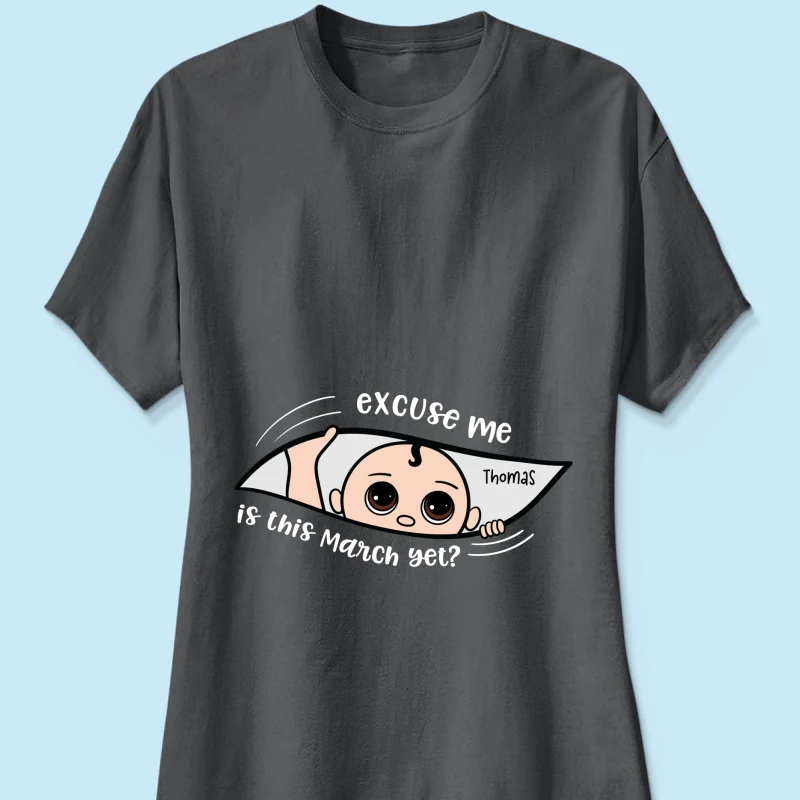 Personalized Maternity Dark Shirt, Excuse Me Is It Yet, Pregnancy Announcement, Expecting Parents - Image 24