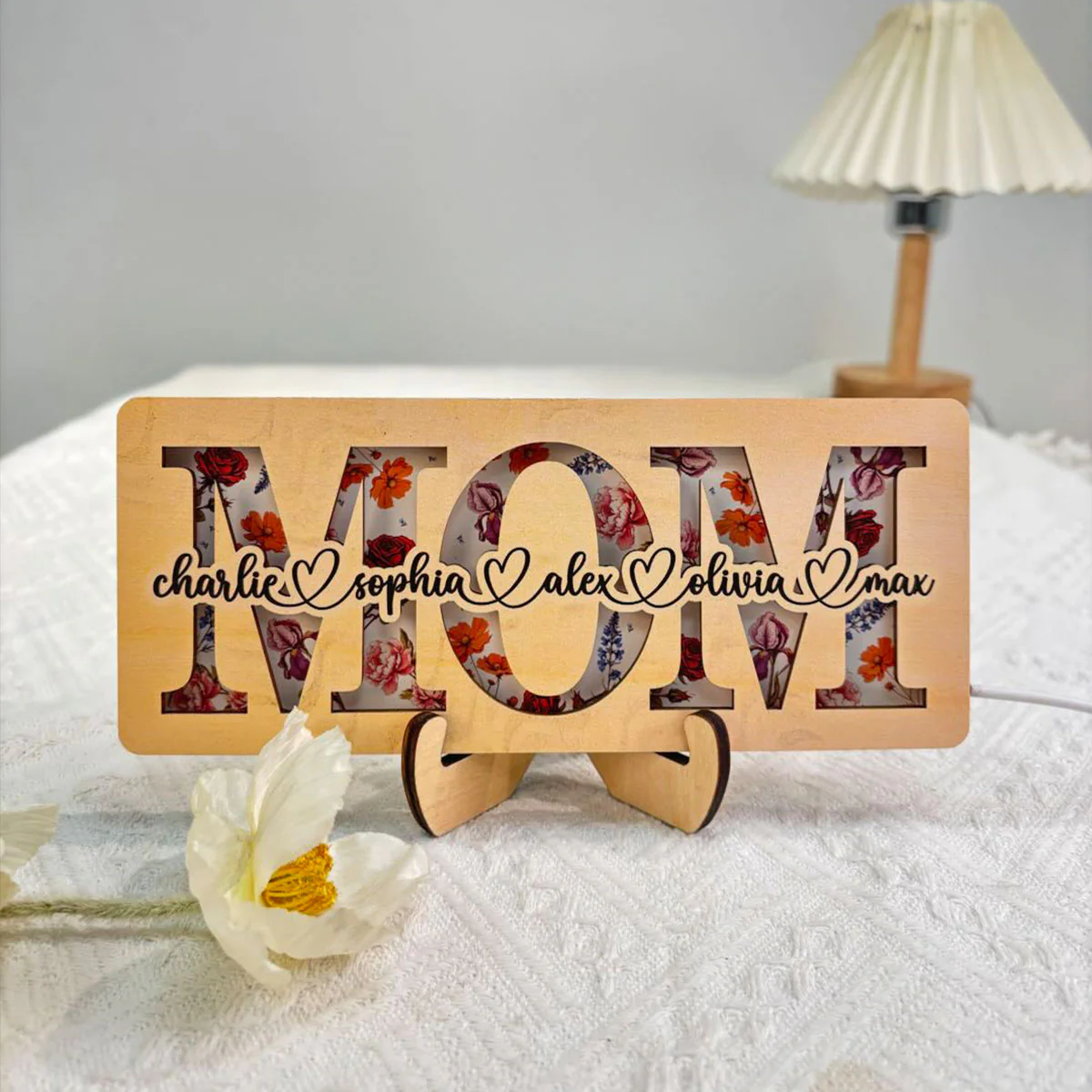Personalized Mom Birth Month Flowers, Gift for Mom, Mom 2-Layer Wooden Plaque With LED, Mom Gifts from Kids - Image 5