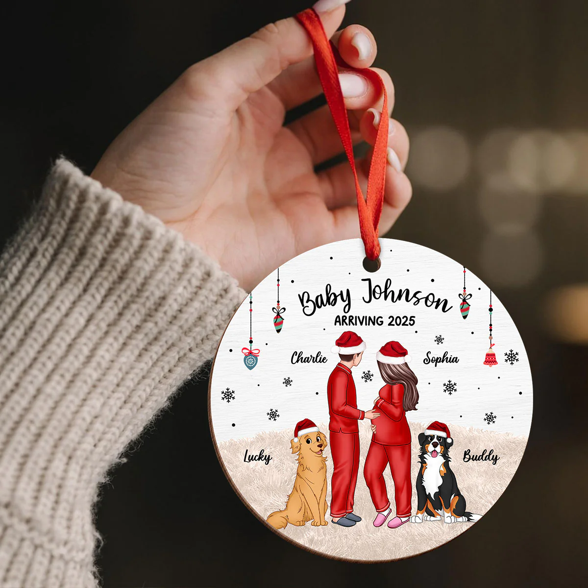 Pregnant Couple and Pet Keepsakes - Personalized Wooden Ornament - Christmas Gift - Image 4