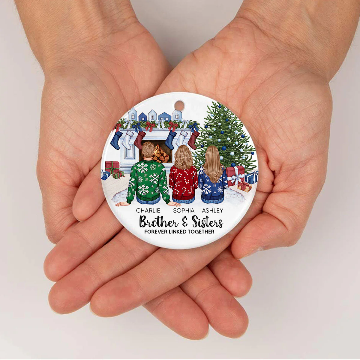 Personalized Siblings Christmas Tree Cozy Fireplace Ornament, Personalized Brothers and Sisters Ornament, Siblings Gift - Image 6