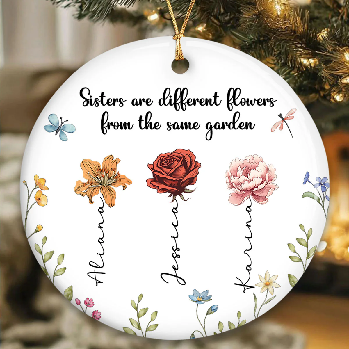 Personalized Sisters Christmas Gifts, Sisters Are Different Flowers from the Same Garden Ceramic Ornament - Image 2
